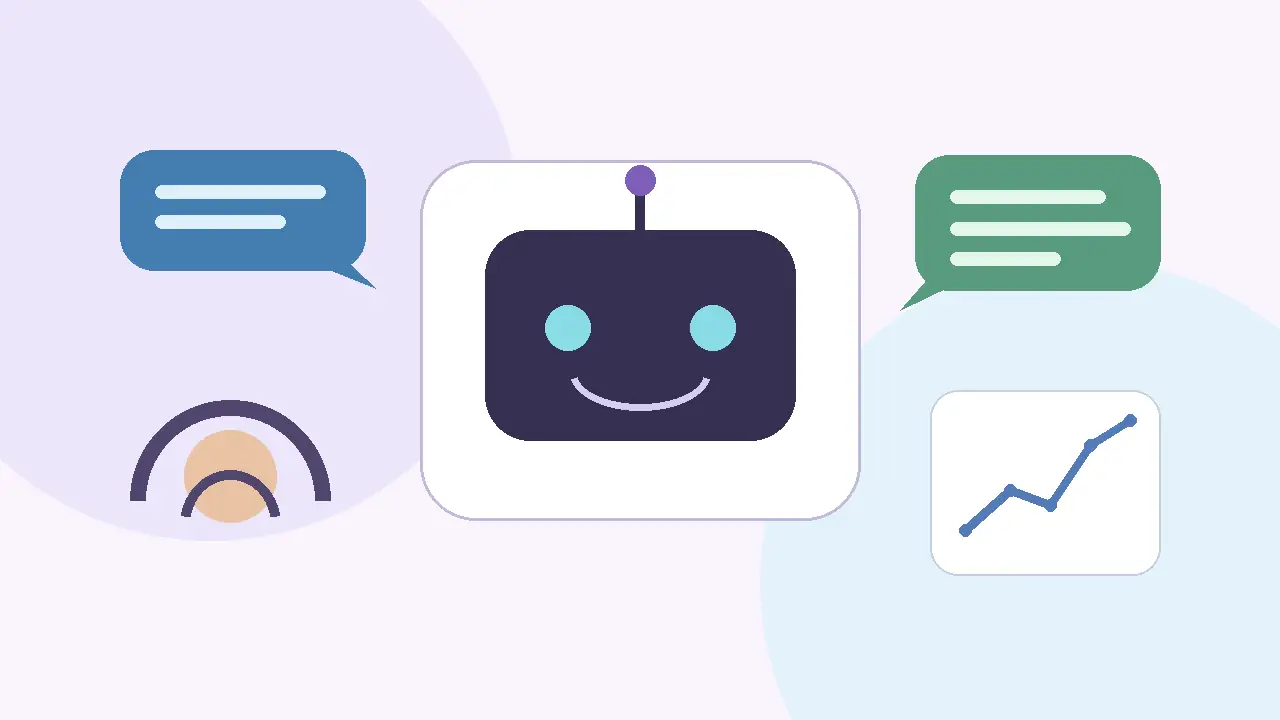 Illustration av AI-driven kundservice med chattbot, meddelanden, support och resultatgraf