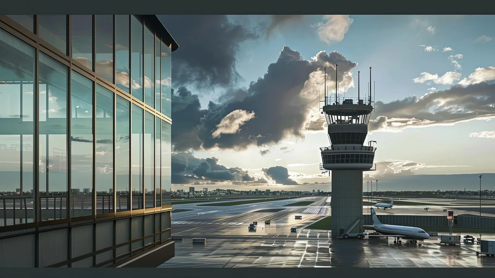Flygplats med kontrolltorn, terminal och flygplan – illustration om flygtrafikledning och bemanning
