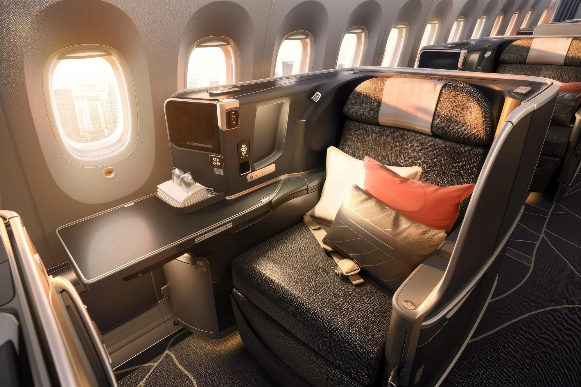 Premium economy-kabin på ett internationellt passagerarflyg med rymligare säten