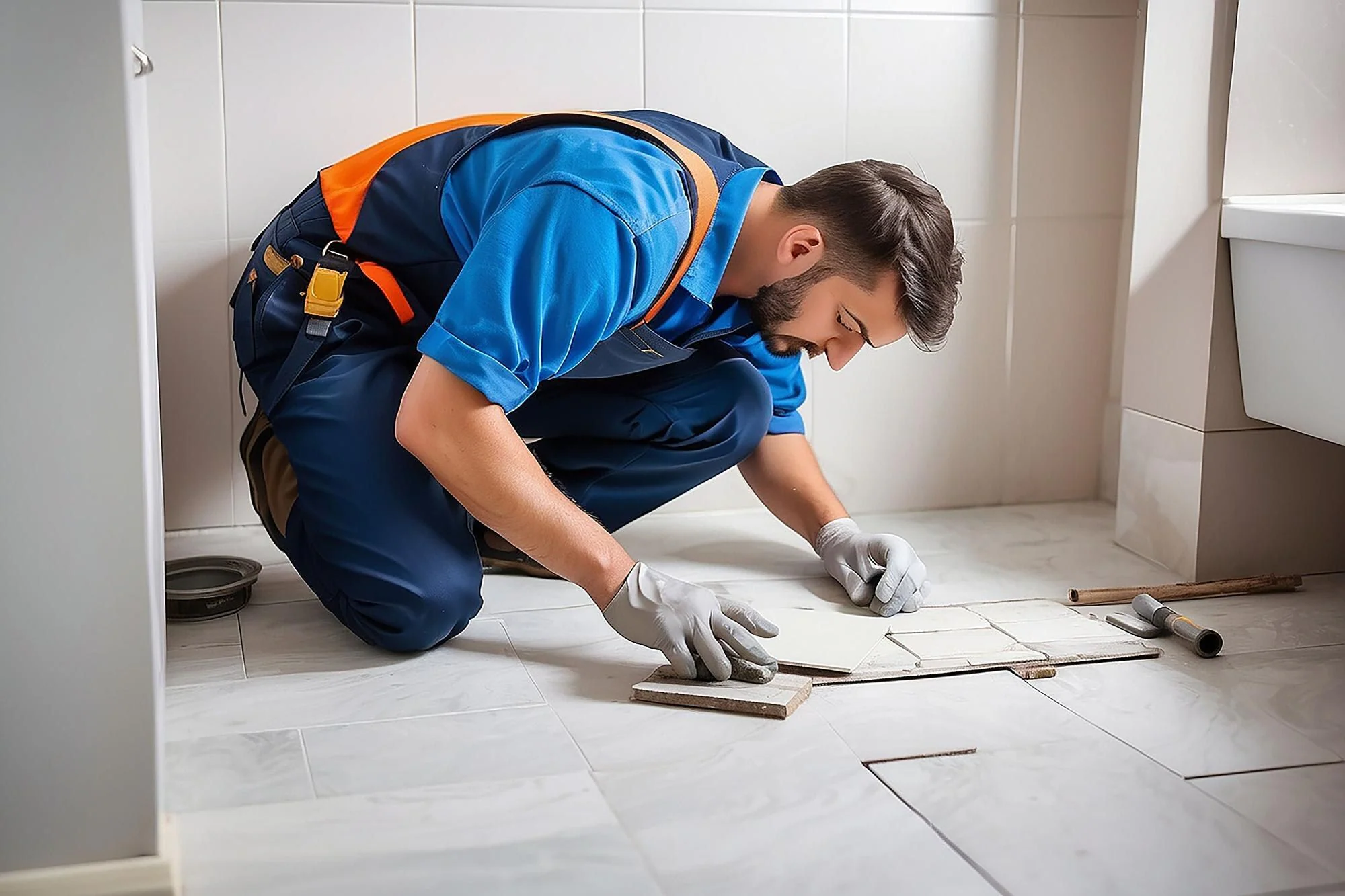 Badrumsrenovering med hantverkare som arbetar med golv och våtrumsytor