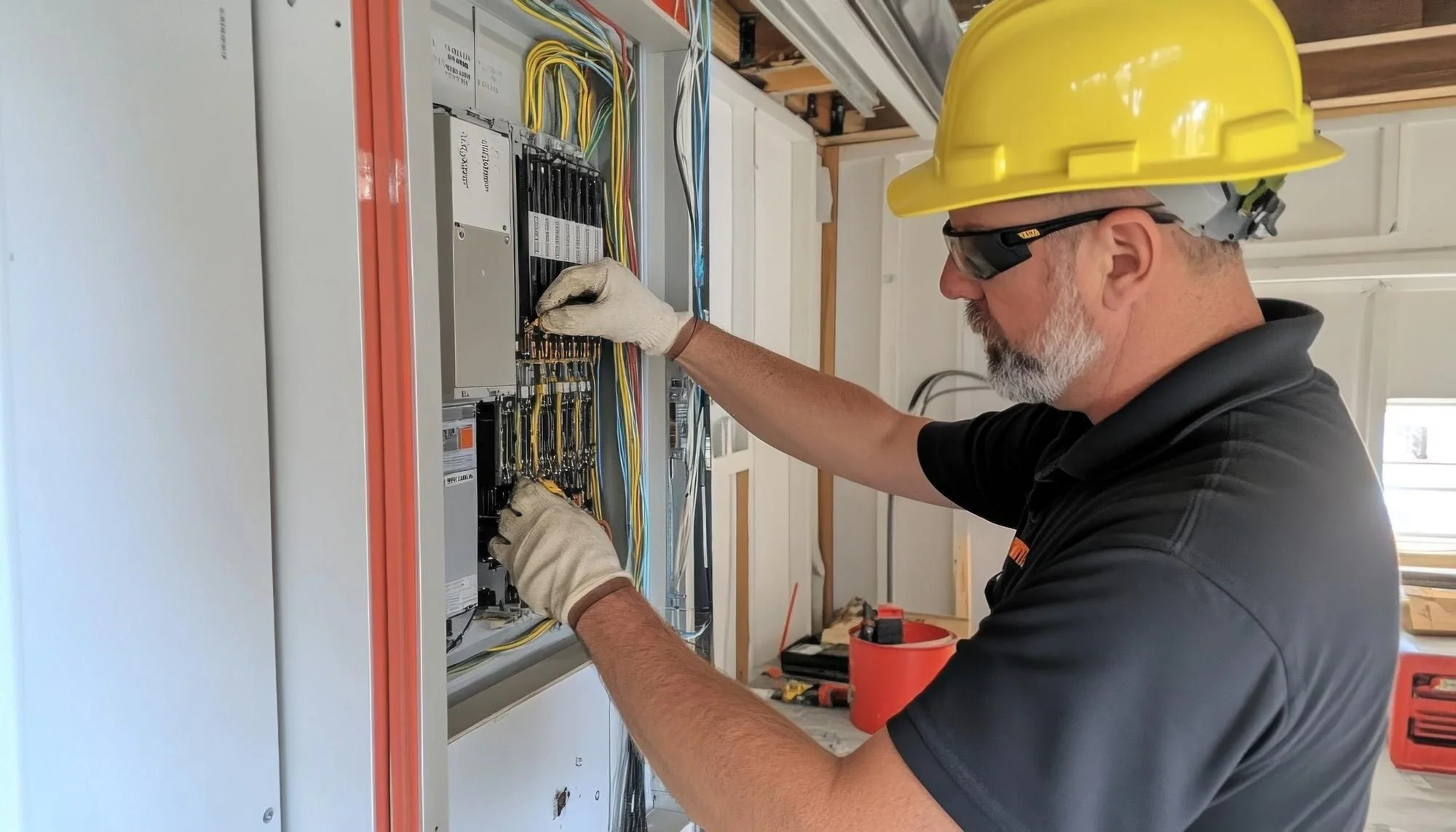 Elektriker installerar komponenter i en elcentral under en renovering