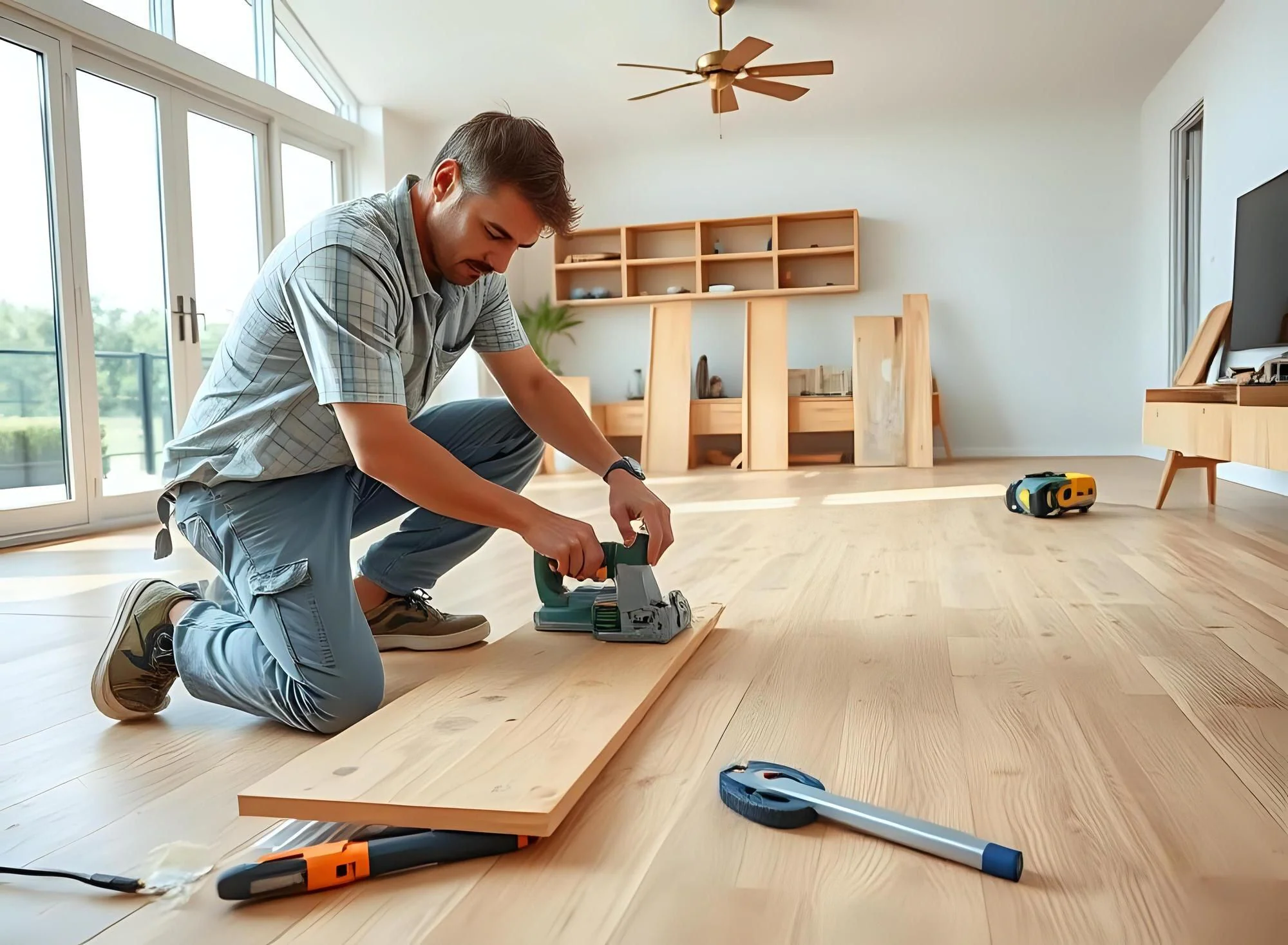 Golvinstallatör lägger nytt trägolv under en bostadsrenovering