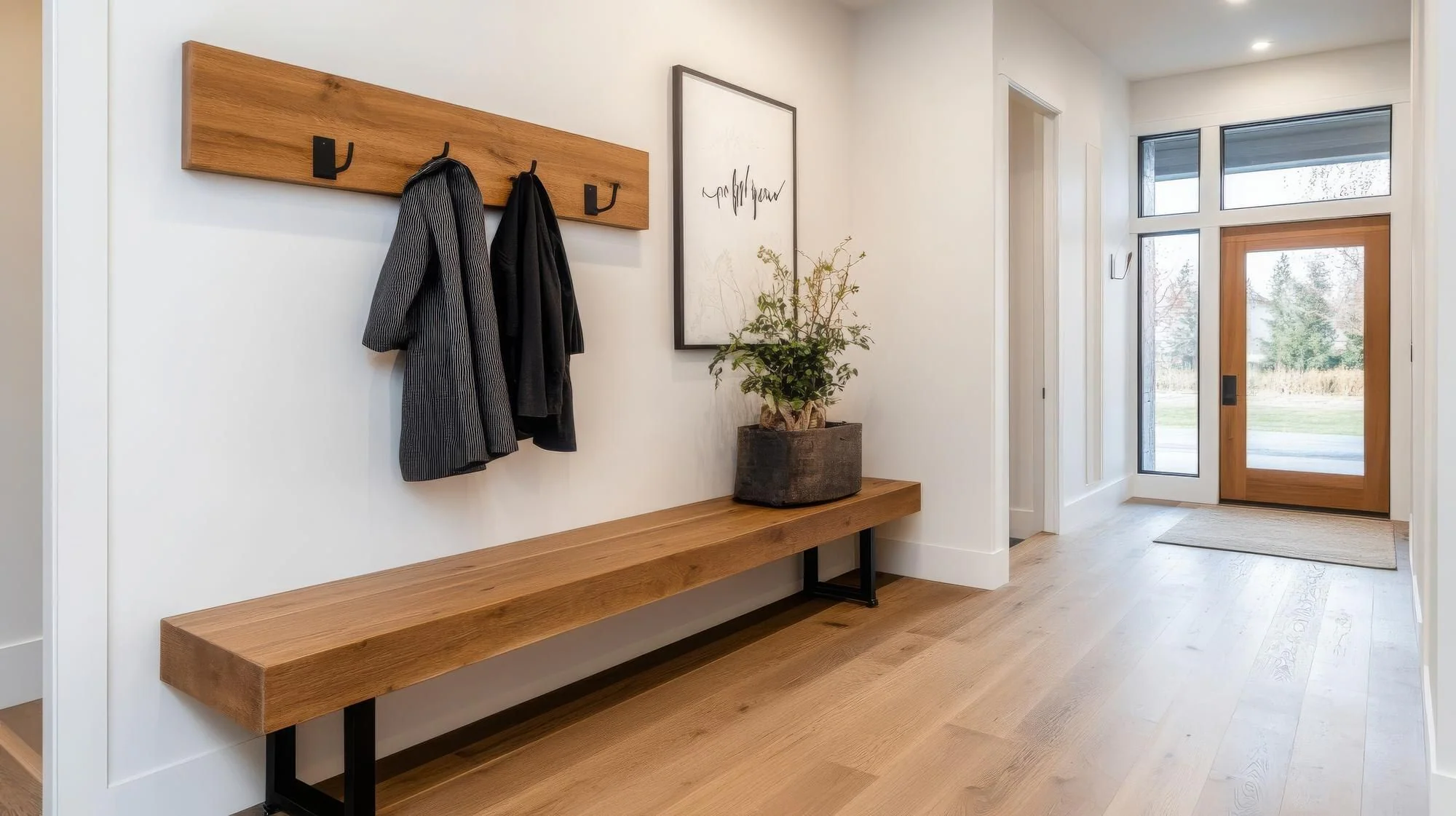 Modern hall med träbänk, hatthylla och genomtänkt belysning