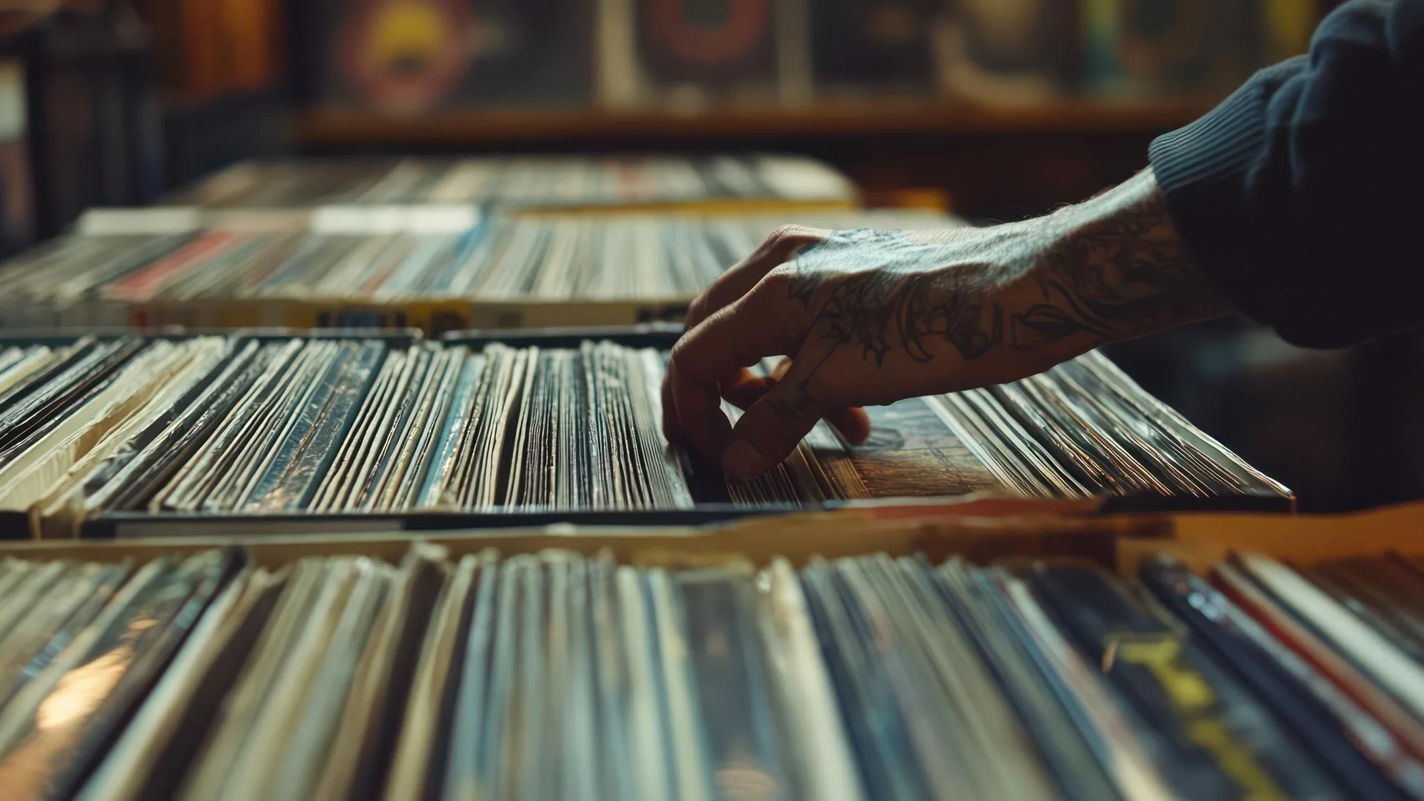 Händer hanterar äldre vinylskivor för att jämföra pressningar och utgåvor