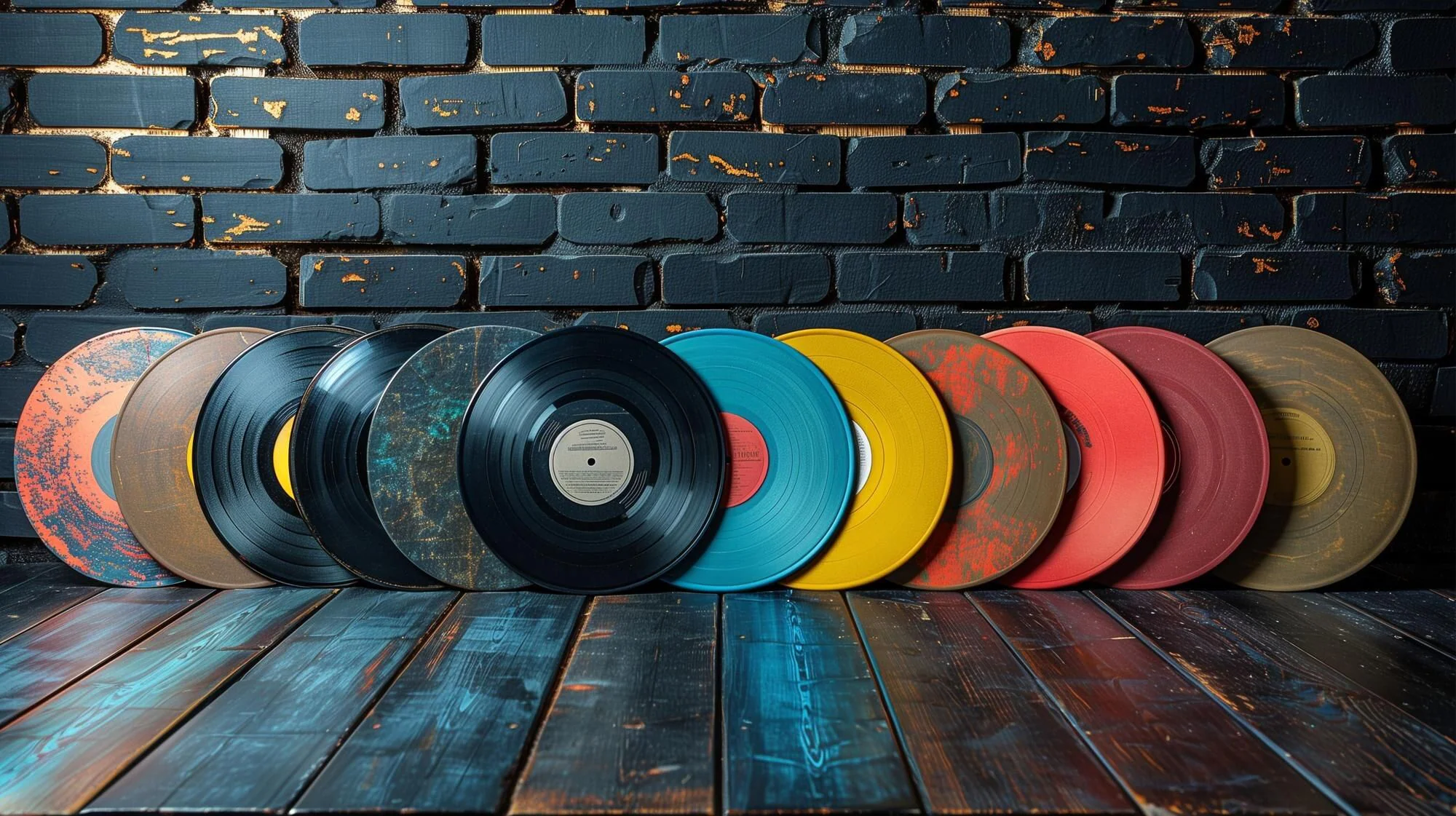 Flera vinylskivor i olika utföranden som illustrerar vinylformat och typer