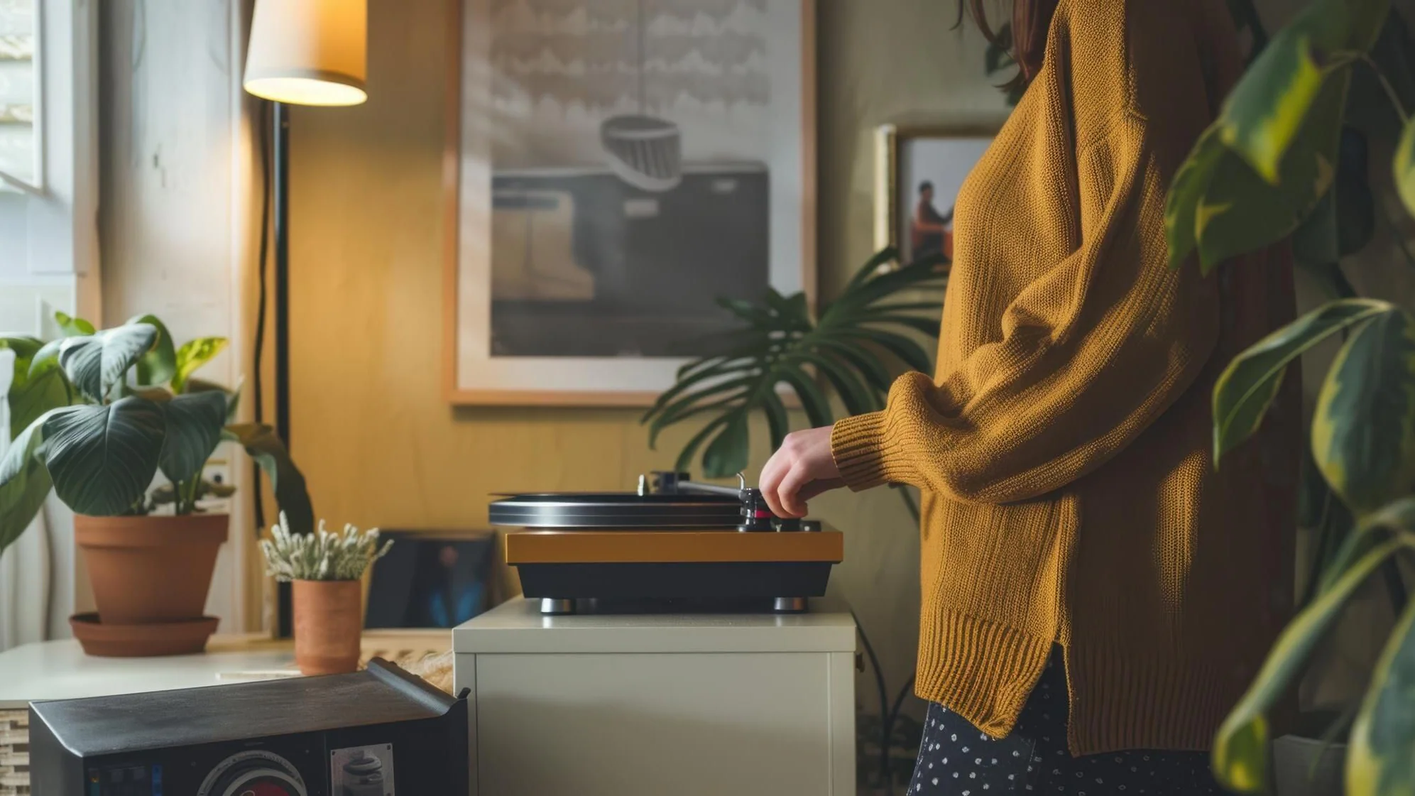 Person spelar vinyl hemma på en skivspelare