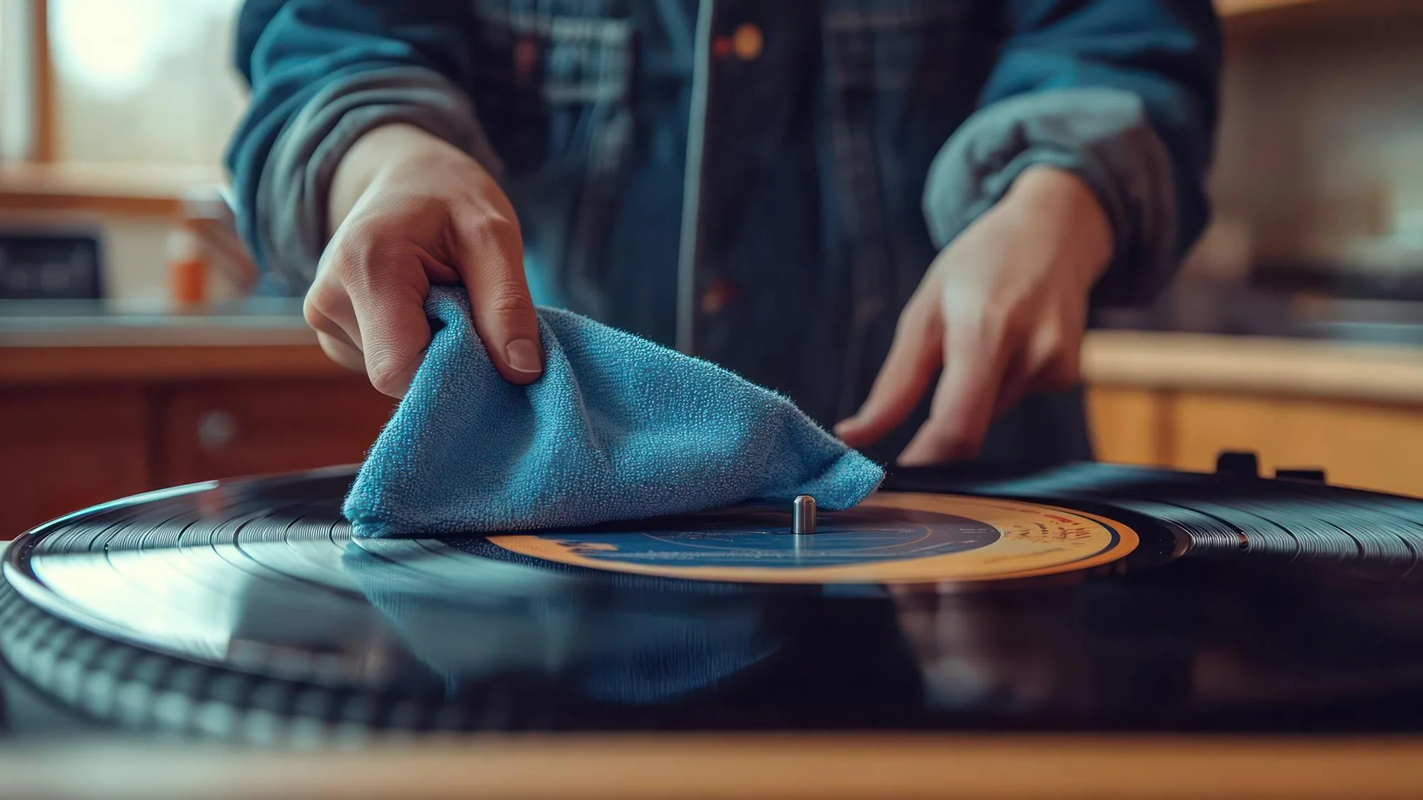 Händer rengör försiktigt en vinylskiva med en mjuk trasa