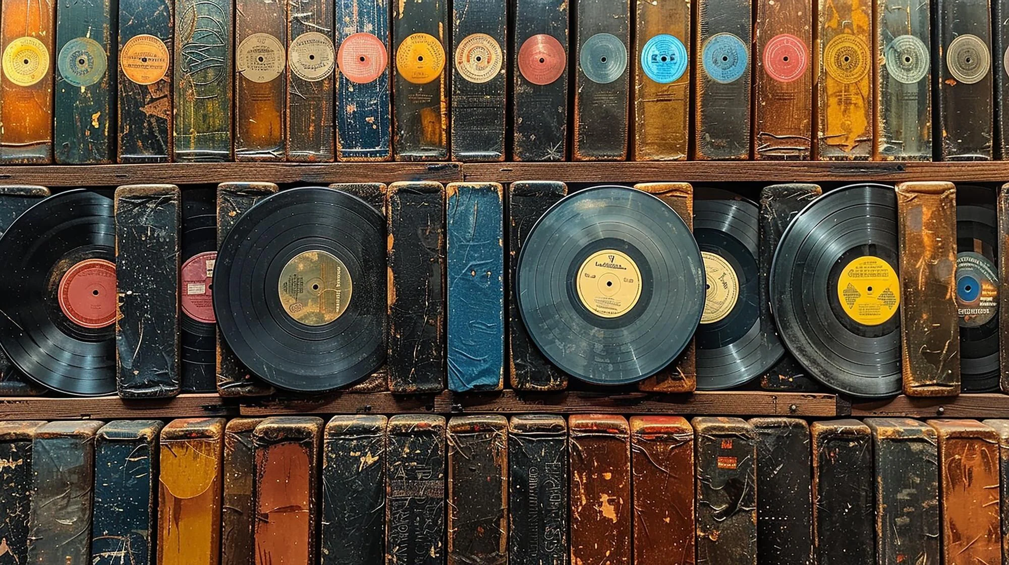 Samling av äldre vinylskivor som illustrerar vinylskivans historia