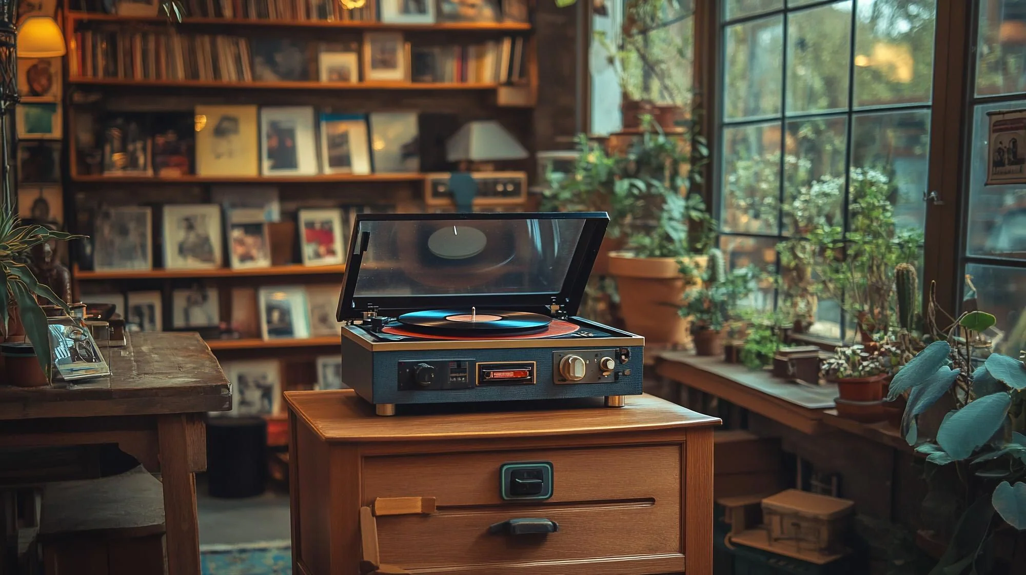 Mysigt musikrum med skivspelare, bokhyllor och vinylförvaring