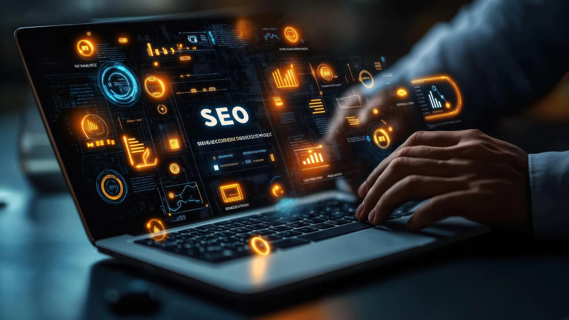 SEO-konsult analyserar sökdata och optimeringsresultat på en bärbar dator