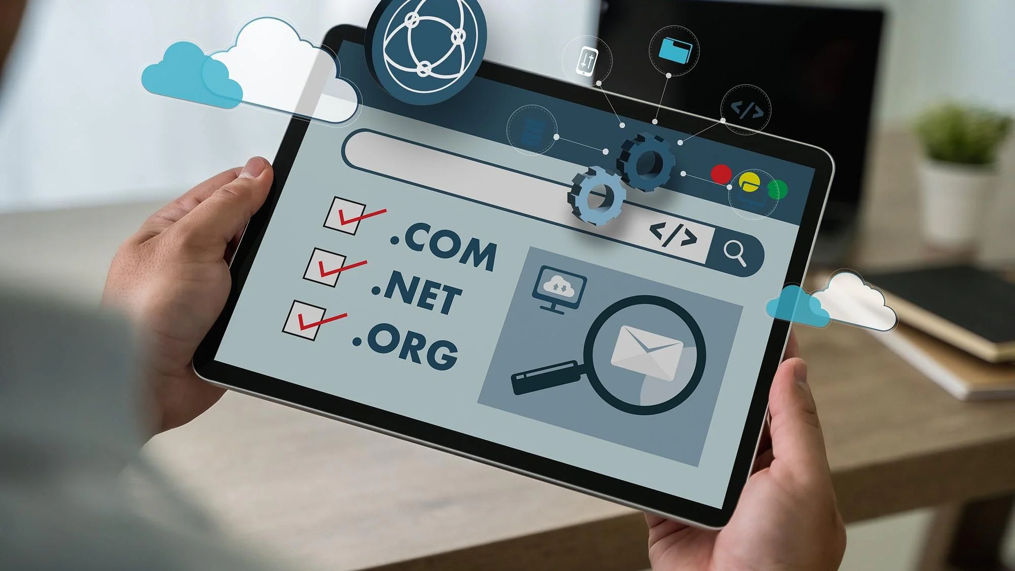 Datorskärm med visualisering av domännamn, webbadress och internetdata