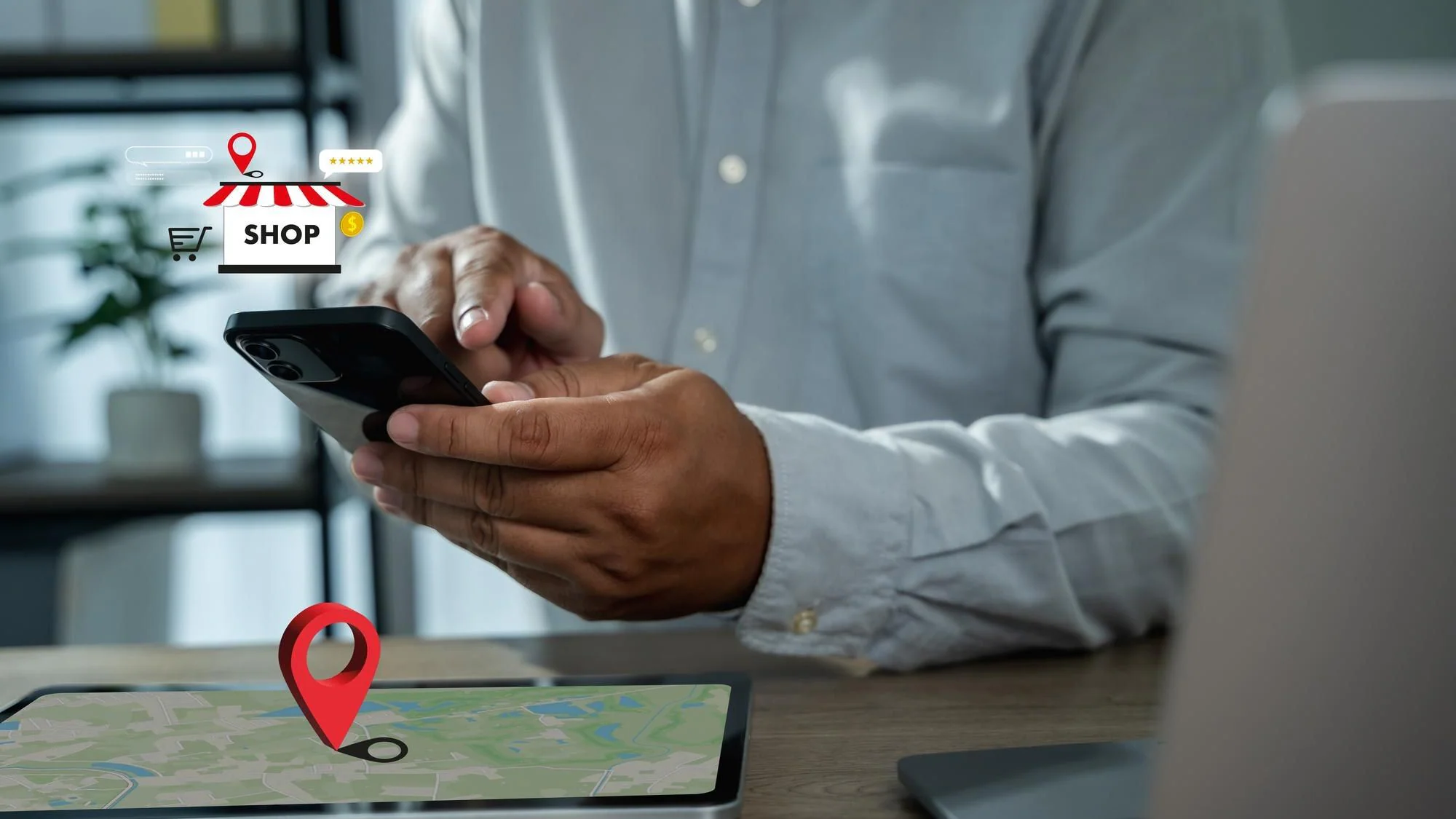 Lokal sökning med karta, företagspositioner och platsnålar på smartphone och surfplatta