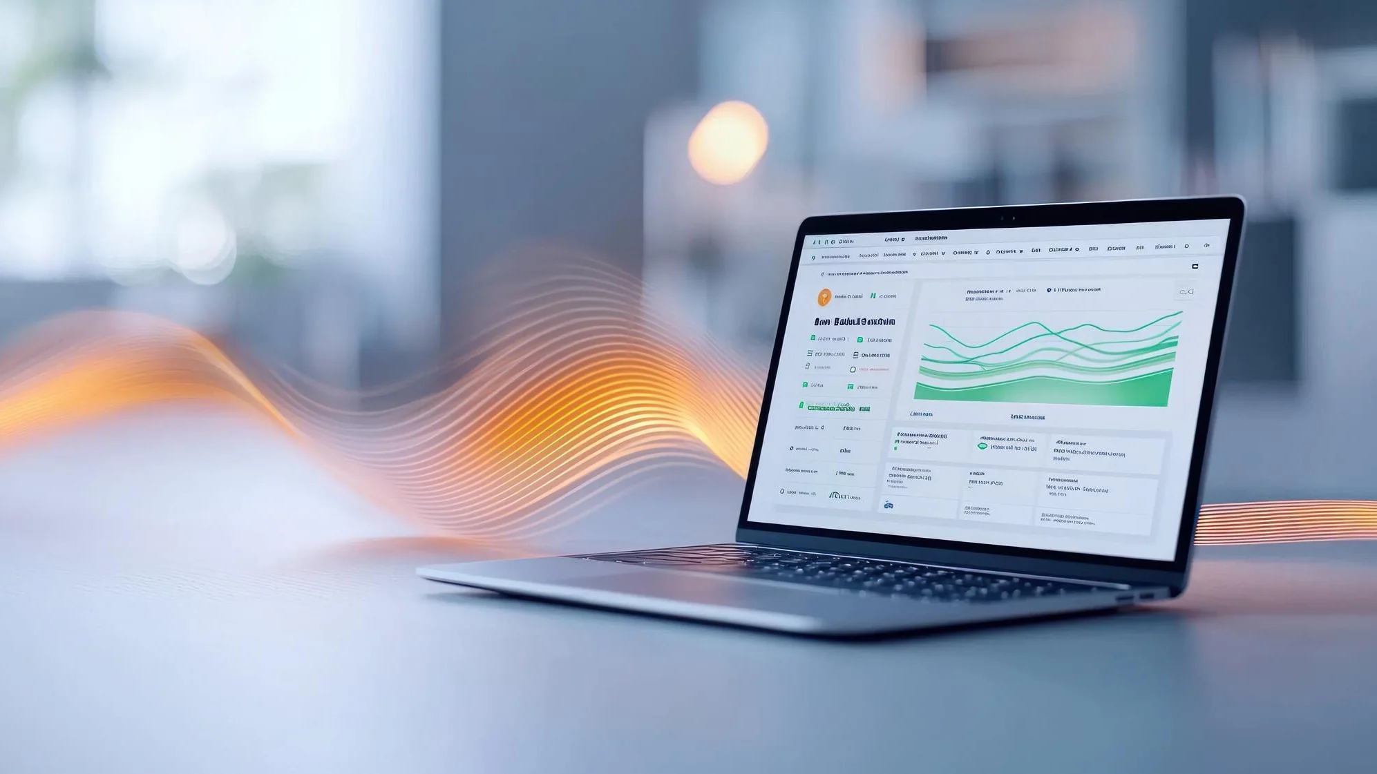 Bärbar dator som visar dataanalys och prestandamätning på ett skrivbord