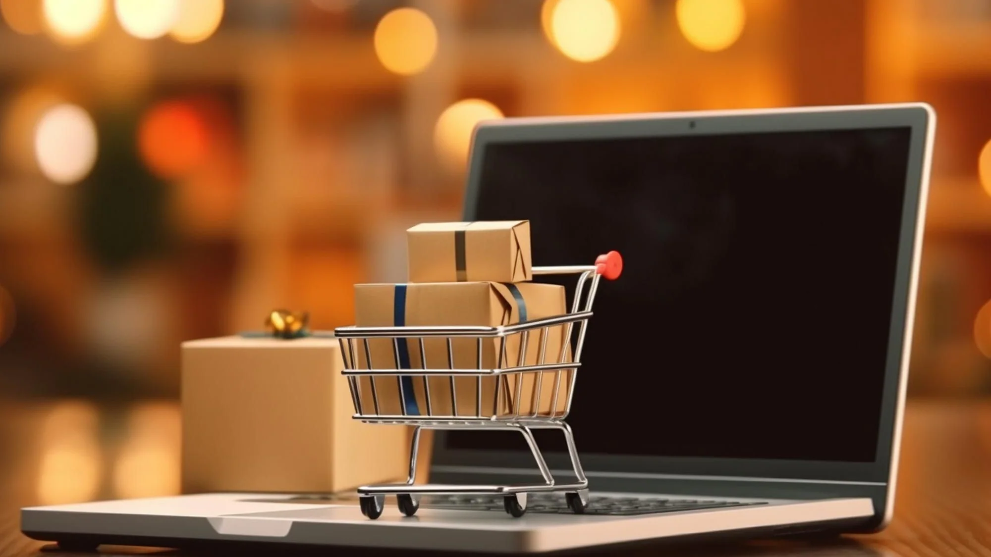Bärbar dator med webbutik, kundvagn och produktpaket för e-handel