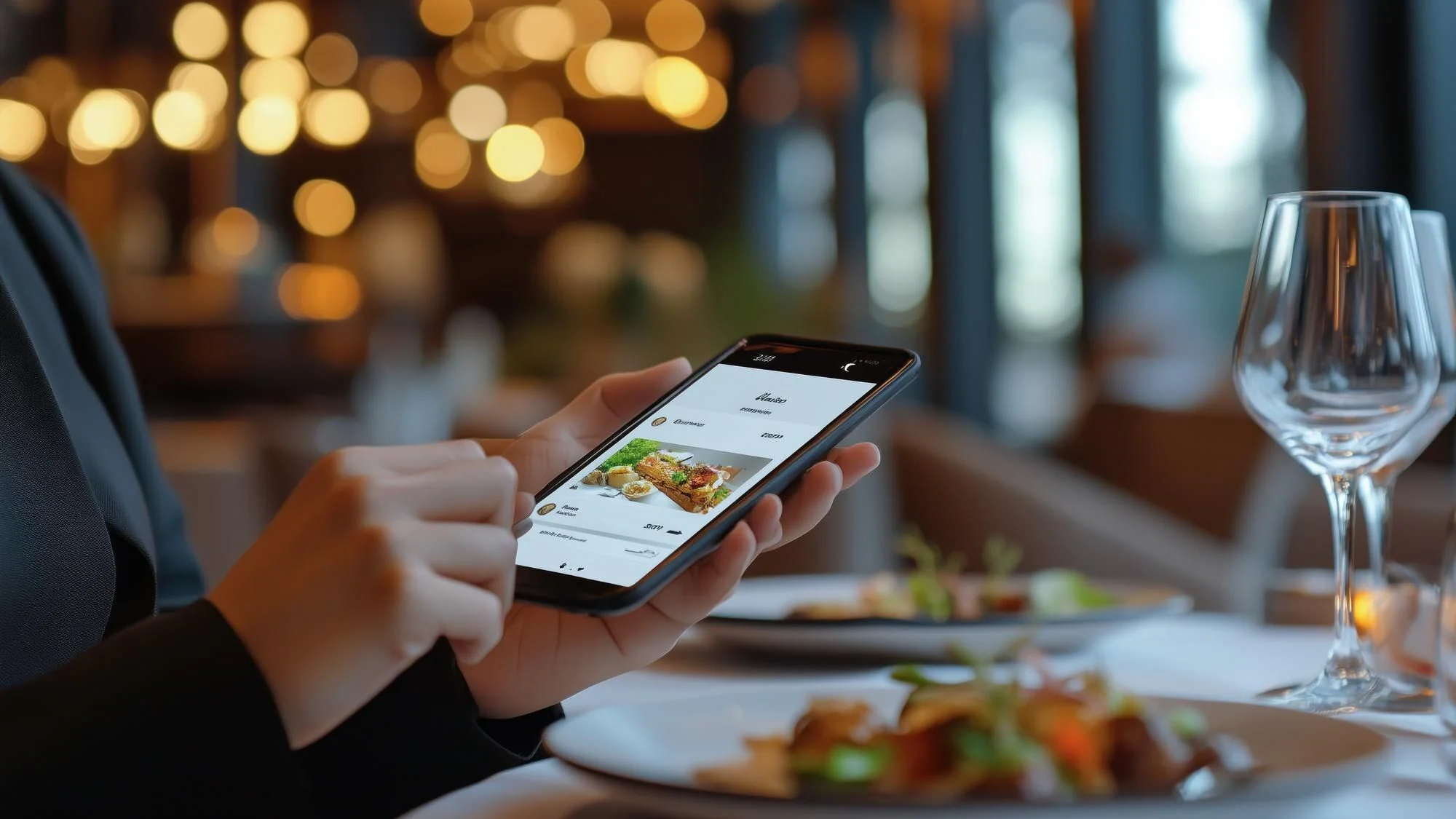 Person använder en smartphone för att utforska restaurangens meny och digitala bokningsalternativ